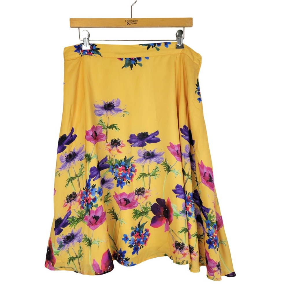 Modcloth Floral Midi Skirt Yellow Size Extra Large Colorful Elastic Waist